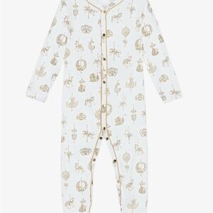 Carousel-Print Baby One-Piece Footie in White and Beige